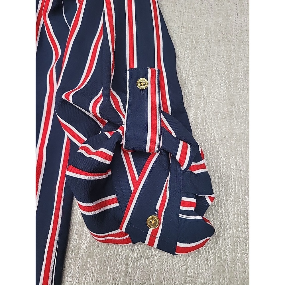 Michael Kors Women's Small Button Up Blouse Shirt Red White Blue Stripes Collar - Picture 2 of 10